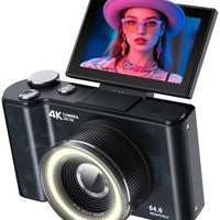 4K Digital Camera for Vlogging Photography, 64MP Autofocus Compact Cameras with Flip Screen & Ring Light, 32GB Card, Video Camera 16X Zoom