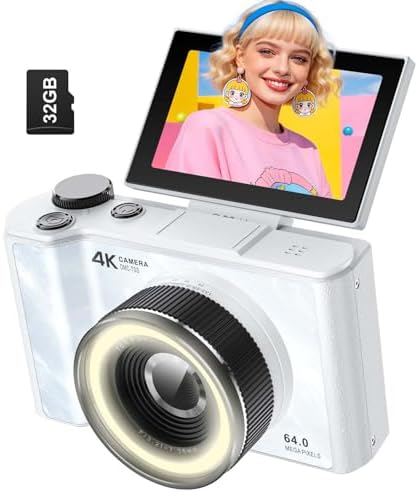 4K Digital Camera for Vlogging Photography, 64MP Autofocus Compact Cameras with Flip Screen & Ring Light, 32GB Card, Video Camera 16X Zoom