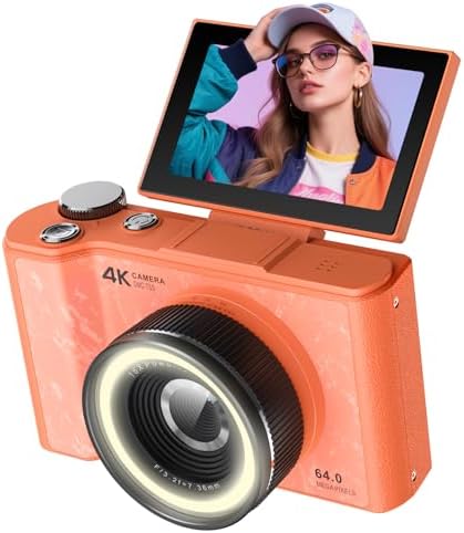 4K Digital Camera for Vlogging Photography, 64MP Autofocus Compact Cameras with Flip Screen & Ring Light, 32GB Card, Video Camera 16X Zoom