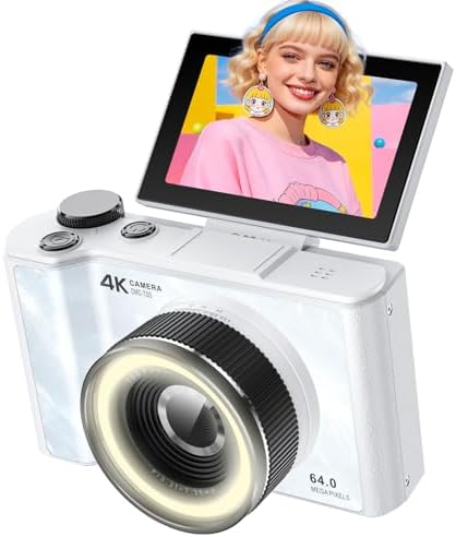 4K Digital Camera for Vlogging Photography, 64MP Autofocus Compact Cameras with Flip Screen & Ring Light, 32GB Card, Video Camera 16X Zoom