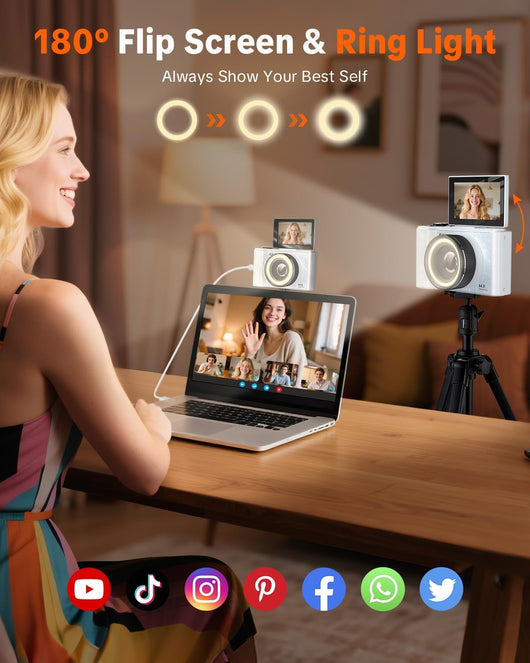 4K Digital Camera for Vlogging Photography, 64MP Autofocus Compact Cameras with Flip Screen & Ring Light, 32GB Card, Video Camera 16X Zoom