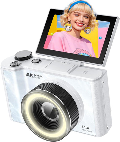 4K Digital Camera for Vlogging Photography, 64MP Autofocus Compact Cameras with Flip Screen & Ring Light, 32GB Card, Video Camera 16X Zoom