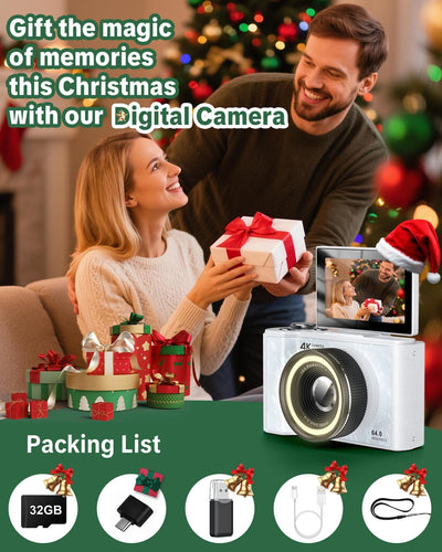 4K Digital Camera for Vlogging Photography, 64MP Autofocus Compact Cameras with Flip Screen & Ring Light, 32GB Card, Video Camera 16X Zoom