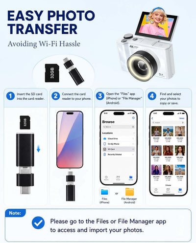 4K Digital Camera for Vlogging Photography, 64MP Autofocus Compact Cameras with Flip Screen & Ring Light, 32GB Card, Video Camera 16X Zoom