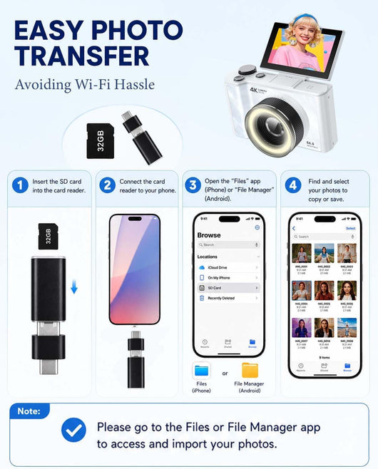 4K Digital Camera for Vlogging Photography, 64MP Autofocus Compact Cameras with Flip Screen & Ring Light, 32GB Card, Video Camera 16X Zoom