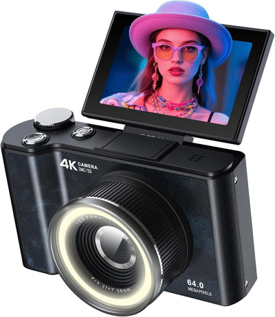 4K Digital Camera for Vlogging Photography, 64MP Autofocus Compact Cameras with Flip Screen & Ring Light, 32GB Card, Video Camera 16X Zoom