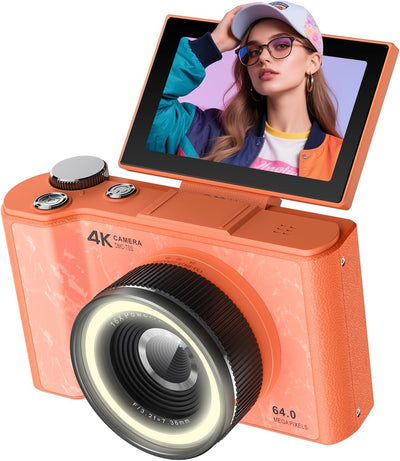 4K Digital Camera for Vlogging Photography, 64MP Autofocus Compact Cameras with Flip Screen & Ring Light, 32GB Card, Video Camera 16X Zoom