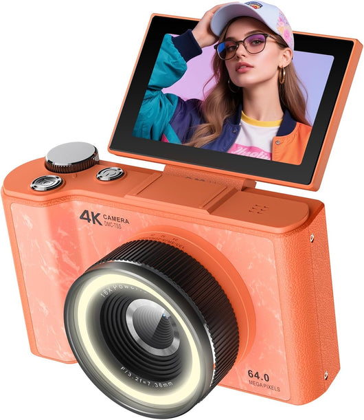 4K Digital Camera for Vlogging Photography, 64MP Autofocus Compact Cameras with Flip Screen & Ring Light, 32GB Card, Video Camera 16X Zoom